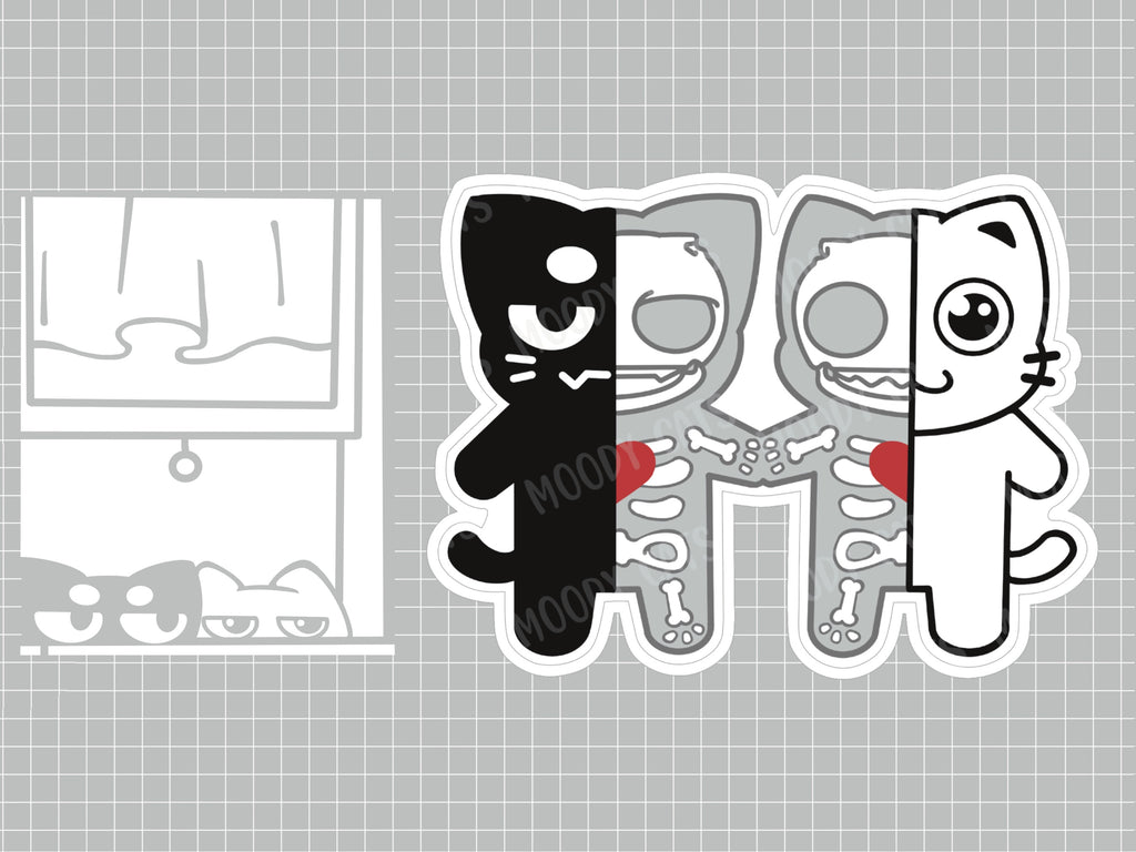 Moon Black Cat and Oni White Cat holding hands die cut vinyl sticker