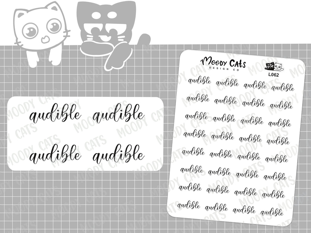A sticker sheet of 32 script stickers "audible"