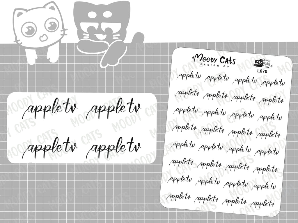 A sticker sheet of 32 script stickers 'apple tv'